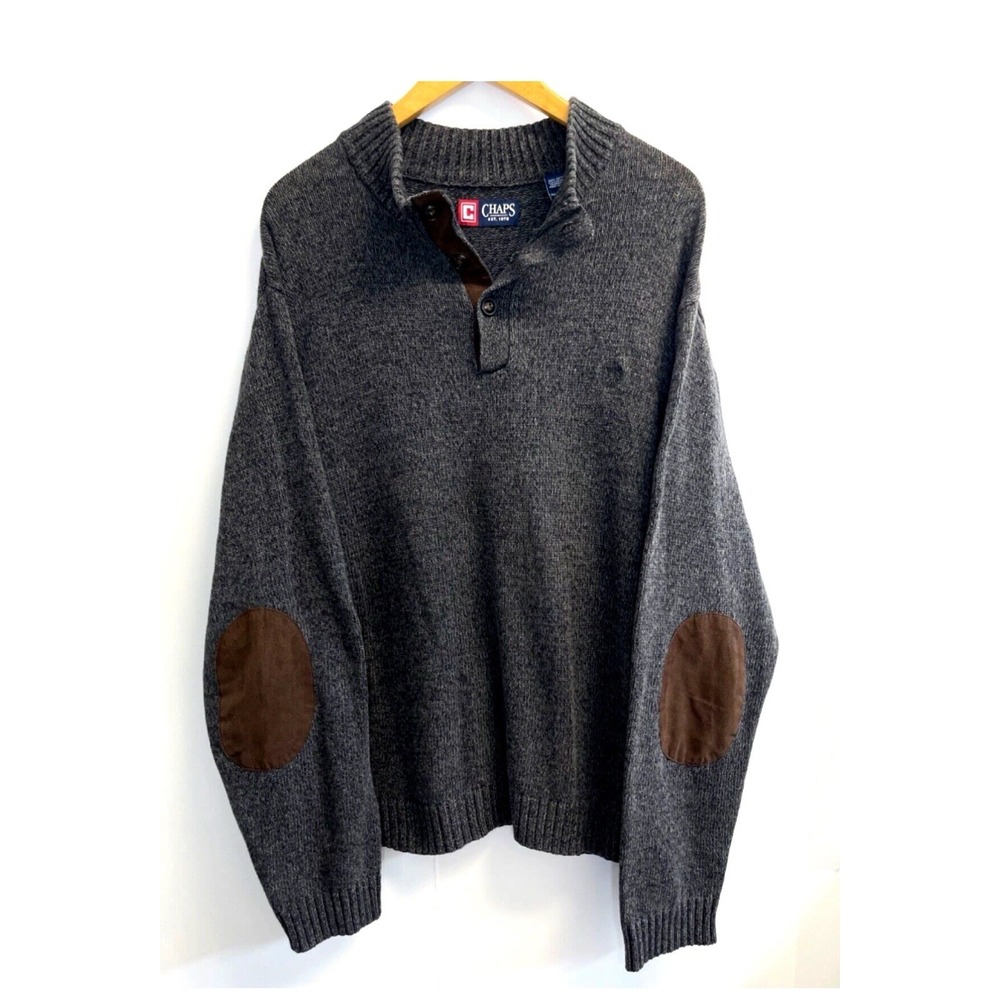 Chaps Grey Sweater XXL Suede Elbow Patches 1/4 Button Mock Neck‎ Knit Academia